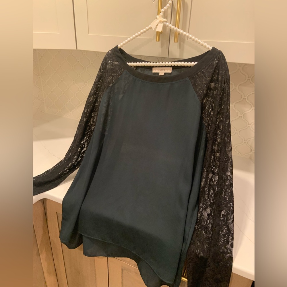 Loft Dressy Black & Dark Green Blouse with Sheer Sleeves